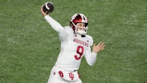 Indiana quarterback Kurtis Rourke (9) throws against Notre Dame during the first half in the first round of the NCAA College Football Playoff, Friday, Dec. 20, 2024, in South Bend, Ind. (Darron Cummings/AP)