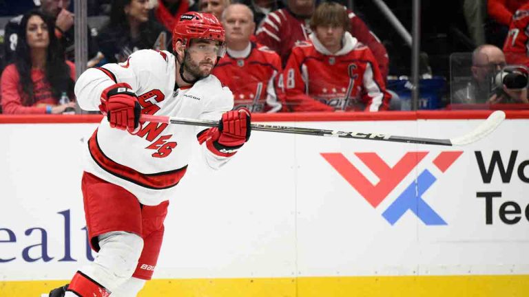 Carolina Hurricanes defenseman Shayne Gostisbehere (4) in action during the first period of an NHL hockey game against the Washington Capitals, Friday, Dec. 20, 2024, in Washington. (Nick Wass/AP)