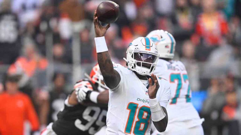 Miami Dolphins quarterback Tyler Huntley (18) throws the football during the first half of an NFL football game against the Cleveland Browns Sunday, Dec. 29, 2024, in Cleveland. (David Richard/AP)