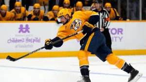 Nashville Predators defenceman Alexandre Carrier plays against the Utah Hockey Club during the second period of an NHL hockey game Saturday, Nov. 9, 2024, in Nashville, Tenn. (Mark Humphrey/AP)