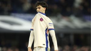 Chelsea's Joao Felix reacts after his goal was disallowed for offside during the English Premier League soccer match between Ipswich Town and Chelsea at Portman Road stadium in Ipswich, England, Monday, Dec. 30, 2024. (Richard Pelham/AP)