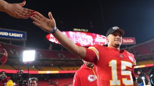 Kansas City Chiefs quarterback Patrick Mahomes celebrates as he heads off the field following an NFL football game against the Los Angeles Chargers Sunday, Dec. 8, 2024, in Kansas City, Mo. The Chiefs won 19-17. (Charlie Riedel/AP)