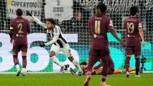 Juventus' Weston McKennie celebrates his side's second goal during the Champions League, opening phase soccer match between Juventus and Manchester City at the Allianz stadium in Turin, Italy, Tuesday, Wednesday, Dec.11, 2024. (Luca Bruno/AP)