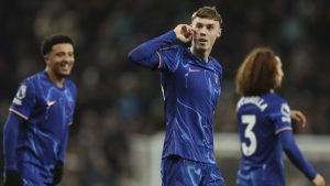 Chelsea's Cole Palmer celebrates after scoring his side's fourth goal during the English Premier League soccer match between Tottenham Chelsea, at the Hotspur stadium in London, Sunday, Dec.8, 2024. (Ian Walton/AP)
