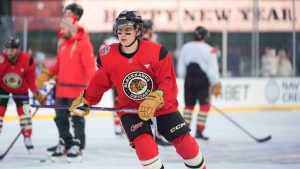 Chicago Blackhawks center Connor Bedard, center, skates during practice on the day before the NHL Winter Classic outdoor hockey game featuring the Blackhawks and the St. Louis Blues at Wrigley Field, Monday, Dec. 30, 2024, in Chicago. (Erin Hooley/AP)