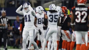 Dallas Cowboys linebacker Nick Vigil (41) reacts after a punt he blocked was recovered by the Cincinnati Bengals during the second half of an NFL football game, Monday, Dec. 9, 2024, in Arlington, Texas. The Cincinnati Bengals won 27-20. (Gareth Patterson/AP)