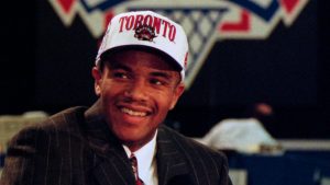 Damon Stoudamire, the Toronto Raptors' first pick in the 1995 draft, smiles during an interview after his selection in Toronto on Saturday, June 28, 1995. (Frank Gunn/CP)