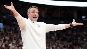 Toronto Raptors head coach Darko Rajakovic reacts to a ref's call during second half NBA basketball action against the Atlanta Hawks, in Toronto, Sunday, Dec. 29, 2024. THE CANADIAN PRESS/Frank Gunn