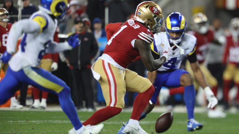 San Francisco 49ers wide receiver Deebo Samuel Sr. (1) drops a pass against the Los Angeles Rams during the second half of an NFL football game in Santa Clara, Calif., Thursday, Dec. 12, 2024. (Jed Jacobsohn/AP)