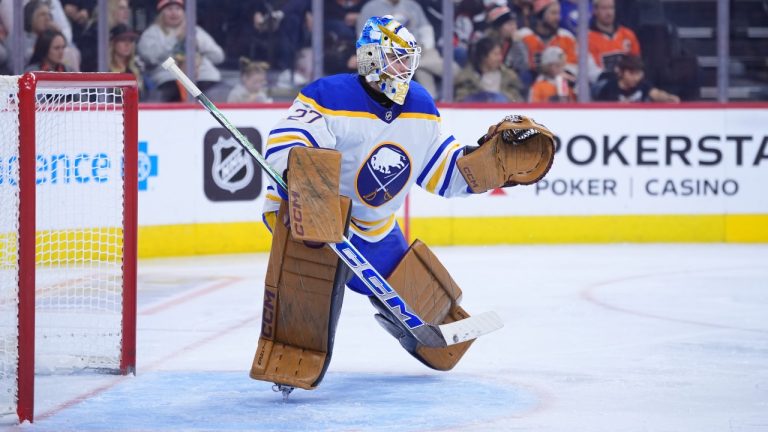 Buffalo Sabres' Devon Levi plays during an NHL game, Saturday, Nov. 16, 2024, in Philadelphia. (AP/Matt Slocum)