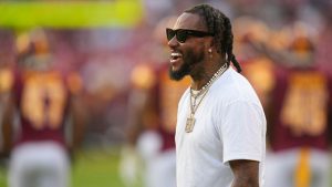 Former NFL player DeSean Jackson looks on as teams work out prior to an NFL preseason football game between the Washington Commanders and the Baltimore Ravens, Monday, Aug. 21, 2023, in Landover, Md. (Julio Cortez/AP)