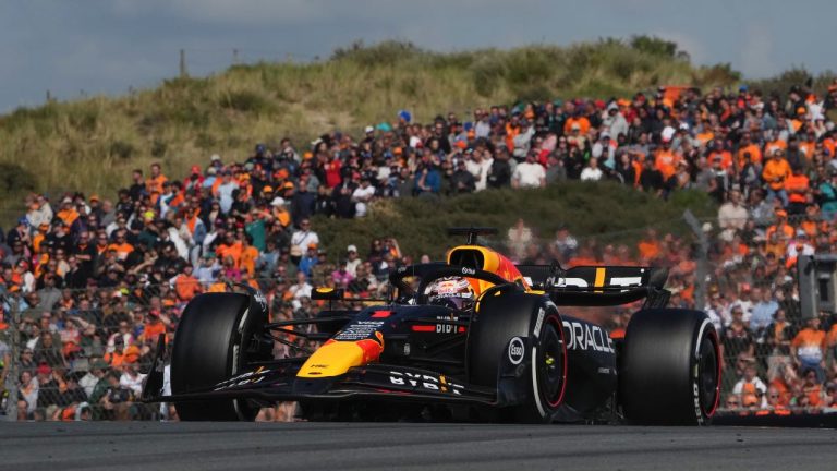 Red Bull driver Max Verstappen of the Netherlands steers his car during the Formula One Dutch Grand Prix race at the Zandvoort racetrack, Netherlands, Sunday, Aug. 25, 2024. (AP/Peter Dejong)