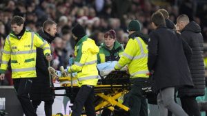 West Ham United goalkeeper Lukasz Fabianski removed from the pitch by medical staff after picking up an injury during the Premier League match at St Mary's Stadium, in Southampton, England, Thursday Dec. 26, 2024. (Andrew Matthews/PA/AP)