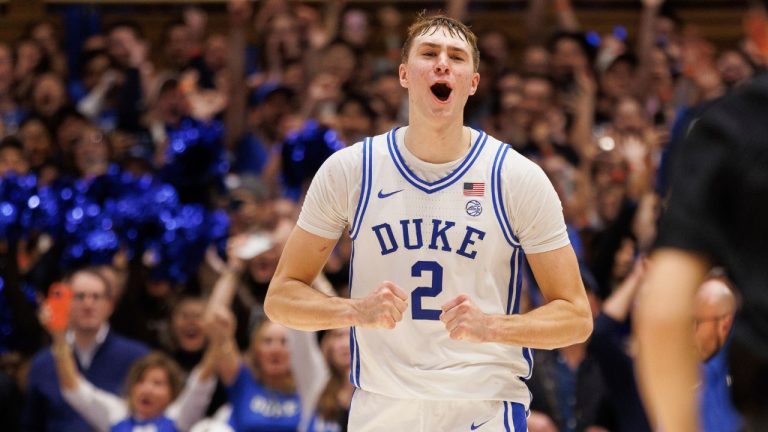 Duke's Cooper Flagg (2) celebrates after defeating Auburn in an NCAA college basketball game in Durham, N.C., Wednesday, Dec. 4, 2024. (Ben McKeown/AP)