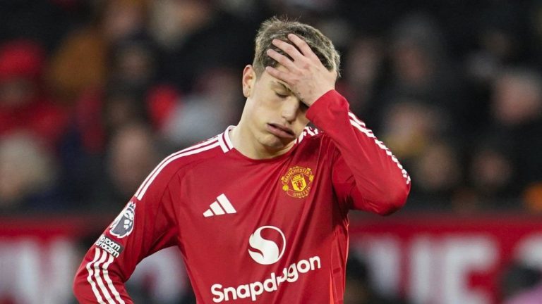 Manchester United's Alejandro Garnacho is dejected after missing an opportunity to score during the English Premier League soccer match between Manchester United and Bournemouth at the Old Trafford stadium in Manchester, England, Sunday, Dec. 22, 2024. (Dave Thompson/AP)