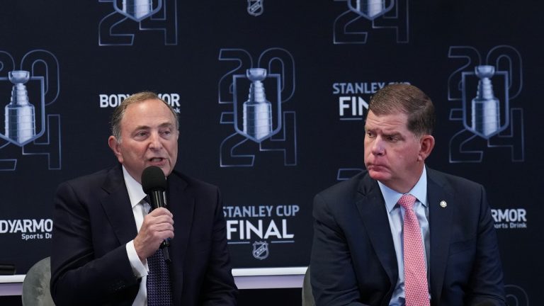 Gary Bettman, left, Commissioner of the NHL, and Marty Walsh, Executive Director of the NHLPA, speak to the media ahead of game one of the Stanley Cup finals in Sunrise, Fla., on Saturday, June 8, 2024. (THE CANADIAN PRESS/Nathan Denette)