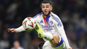 Lyon's Georges Mikautadze kicks the ball during the Europa League opening phase soccer match. (Laurent Cipriani/AP)