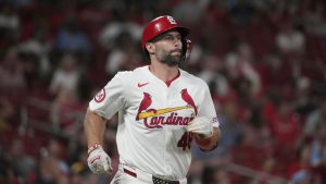 St. Louis Cardinals' Paul Goldschmidt rounds first on his way to an RBI triple during the third inning of a baseball game against the Pittsburgh Pirates Wednesday, Sept. 18, 2024, in St. Louis. (Jeff Roberson/AP)