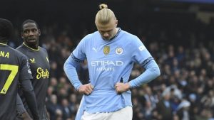 Manchester City's Erling Haaland reacts after failing to score a penalty shot during the English Premier League soccer match between Manchester City and Everton at the Etihad stadium in Manchester, Thursday, Dec. 26, 2024. (Rui Vieira/AP)