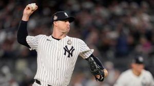 New York Yankees pitcher Clay Holmes throws against the Los Angeles Dodgers during the seventh inning in Game 3 of the baseball World Series, Monday, Oct. 28, 2024, in New York. (Ashley Landis/AP)