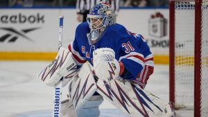 New York Rangers goaltender Igor Shesterkin protects the net during the first period of an NHL hockey game against the Chicago Blackhawks, Monday, Dec. 9, 2024, in New York. (Frank Franklin II/AP)