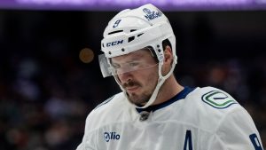 Vancouver Canucks center J.T. Miller (9) skates during the second period of an NHL hockey game against the Anaheim Ducks in Anaheim, Calif., Tuesday, Nov. 5, 2024. (Alex Gallardo/AP)