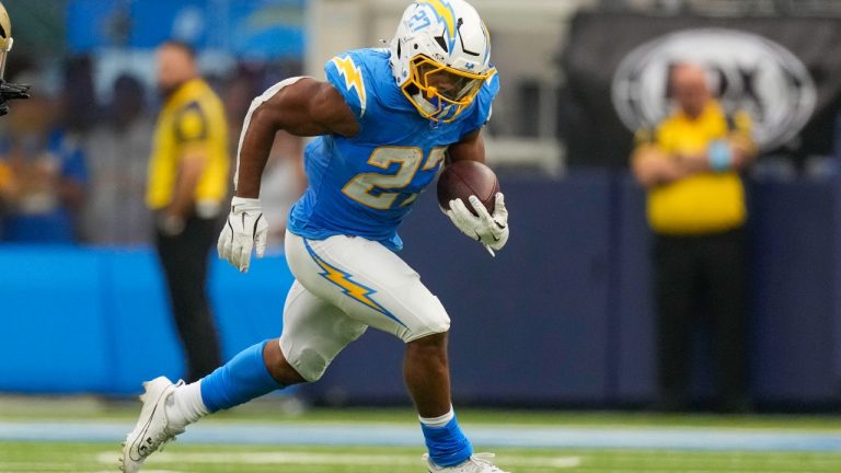 Los Angeles Chargers running back J.K. Dobbins (27) carries in the second half of an NFL football game against the New Orleans Saints in Inglewood, Calif., Sunday, Oct. 27, 2024. (Mark J. Terrill/AP)