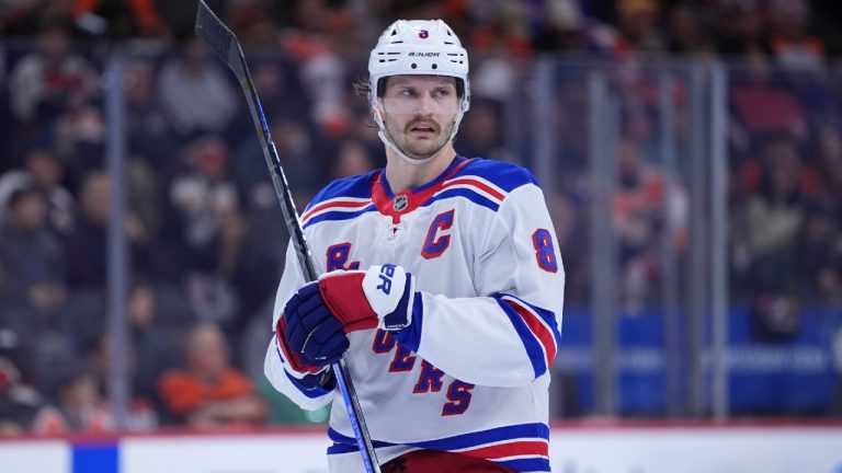 New York Rangers' Jacob Trouba plays during an NHL hockey game, Friday, Nov. 29, 2024, in Philadelphia. (Matt Slocum/AP)