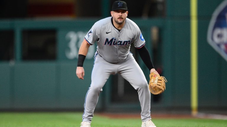 Miami Marlins first baseman Jake Burger in action during a baseball game against the Washington Nationals, Friday, Sept. 13, 2024, in Washington. (AP/Nick Wass)