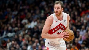 Toronto Raptors centre Jakob Poeltl (19) looks to pass during first half NBA action against the Indiana Pacers, in Toronto, Monday, Nov. 18, 2024. THE CANADIAN PRESS/Christopher Katsarov