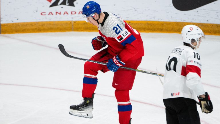 Czechia forward Jakub Stancl (21) celebrates his goal against Switzerland goaltender Elijah Neuenschwander during third period IIHF World Junior Hockey Championship preliminary round action in Ottawa, Thursday, Dec. 26, 2024. (Spencer Colby/CP)