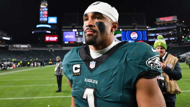 Philadelphia Eagles quarterback Jalen Hurts (1) walks off the field after an NFL football game against the Pittsburgh Steelers, Sunday, Dec. 15, 2024, in Philadelphia. (Terrance Williams/AP)