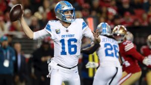 Detroit Lions quarterback Jared Goff throws a pass during the first half of an NFL game against the San Francisco 49ers, Monday, Dec. 30, 2024, in Santa Clara, Calif. (AP/Jed Jacobsohn)