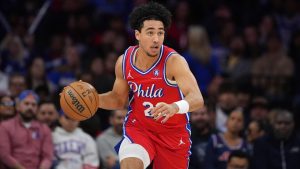 Philadelphia 76ers' Jared McCain plays during an NBA basketball game, Friday, Dec. 6, 2024, in Philadelphia. (AP Photo/Matt Slocum)