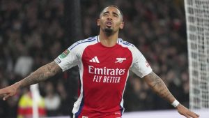 Arsenal's Gabriel Jesus celebrates after scoring his side's second goal during the English League Cup quarterfinal soccer match between Arsenal and Crystal Palace at Emirates stadium, in London, Wednesday, Dec. 18, 2024. (Kirsty Wigglesworth/AP)