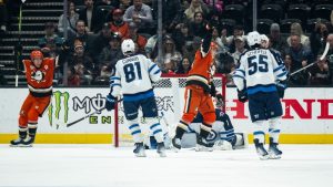 Anaheim Ducks right wing Frank Vatrano (77) reacts after scoring a goal during the second period of an NHL hockey game against the Winnipeg Jets, Wednesday, Dec. 18, 2024, in Anaheim, Calif. (Kyusung Gong/AP)