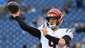 Cincinnati Bengals quarterback Joe Burrow (9) warms up before an NFL football game against the Tennessee Titans, Sunday, Dec. 15, 2024, in Nashville, Tenn. (John Amis/AP)