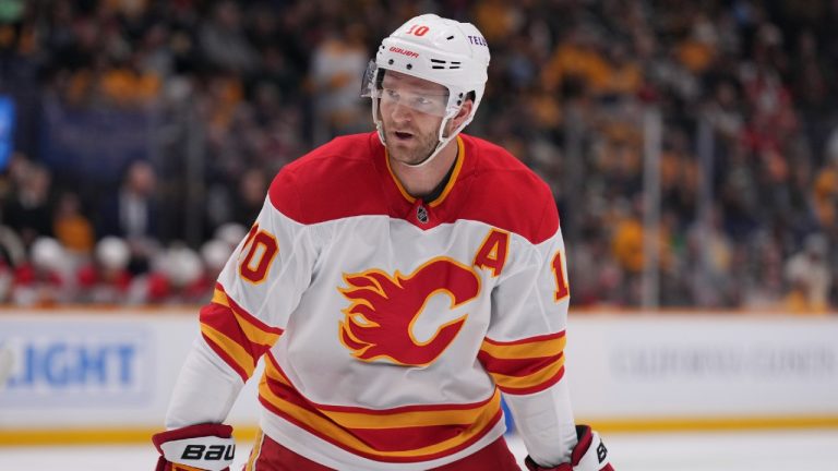 Calgary Flames center Jonathan Huberdeau (10) plays during the first period of an NHL hockey game against the Nashville Predators, Tuesday, Dec. 10, 2024, in Nashville, Tenn. (George Walker IV/AP)