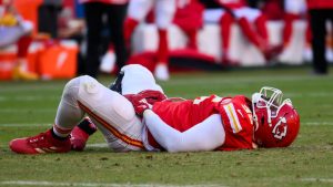 Kansas City Chiefs defensive tackle Chris Jones lies on the field after a play against the Houston Texans during the second half of an NFL football game, Saturday, Dec. 21, 2024 in Kansas City, Mo. (Reed Hoffmann/AP)