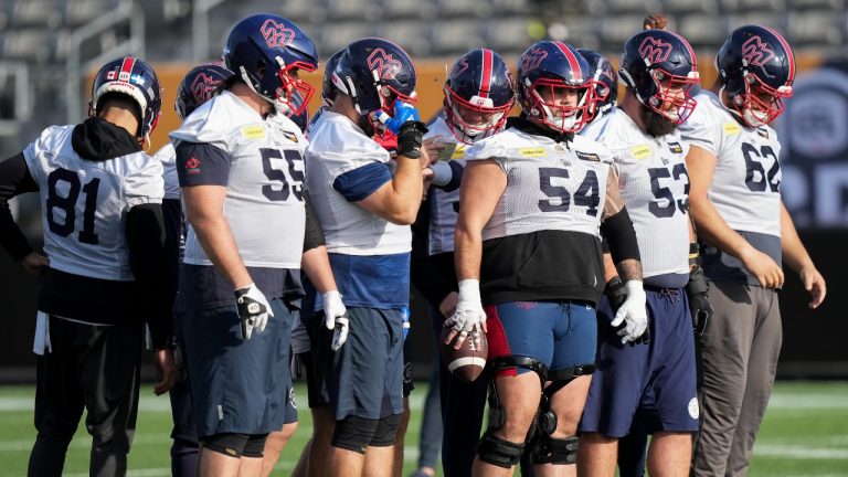 Montreal Alouettes offensive lineman Justin Lawrence (54) wears shorts along with double knee braces during practice ahead of the 110th CFL Grey Cup against the Winnipeg Blue Bombers in Hamilton, Ont., Thursday, Nov. 16, 2023. (Nathan Denette/CP)