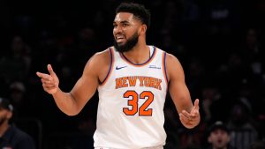 New York Knicks' Karl-Anthony Towns stands on the court during the first half of an NBA basketball game against the Charlotte Hornets, Thursday, Dec. 5, 2024, in New York. (Pamela Smith/AP)