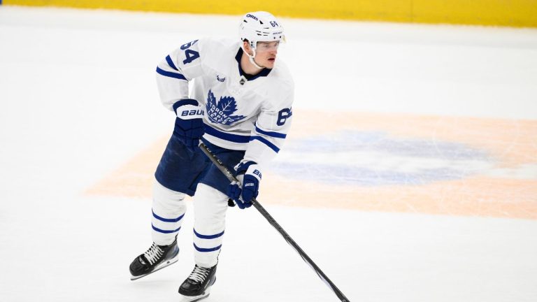 Toronto Maple Leafs centre David Kampf (64) in action during overtime of an NHL hockey game against the Washington Capitals, Wednesday, Nov. 13, 2024, in Washington. (Nick Wass/AP)