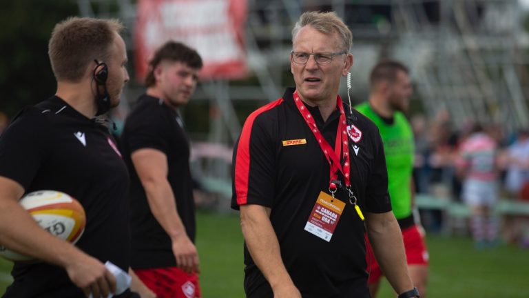 Canada's Senior Men's 15 team coach Kingsley Jones looks on during the team's warm up prior to the first match of the Rugby World Cup 2023 Qualification Pathway against the US Eagles, at the Swilers Rugby Club in St. John's, Saturday, Sept. 4, 2021. (THE CANADIAN PRESS/Paul Daly)