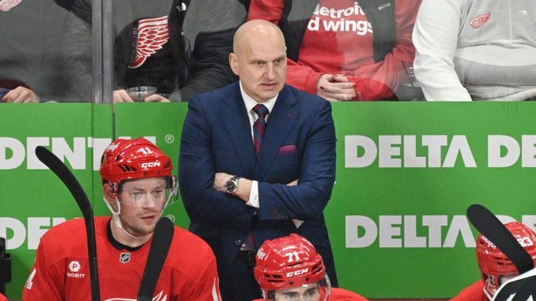 Detroit Red Wings head coach Derek Lalonde, standing, watches during the first period of an NHL hockey game against the St. Louis Blues, Monday, Dec. 23, 2024, in Detroit. (Jose Juarez/AP)