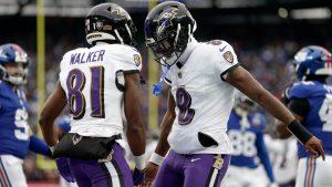 Baltimore Ravens wide receiver Devontez Walker (81) is congratulated by quarterback Lamar Jackson (8) after catching a touchdown pass against the New York Giants during the third quarter of an NFL football game, Sunday, Dec. 15, 2024, in East Rutherford, N.J. (Adam Hunger/AP)