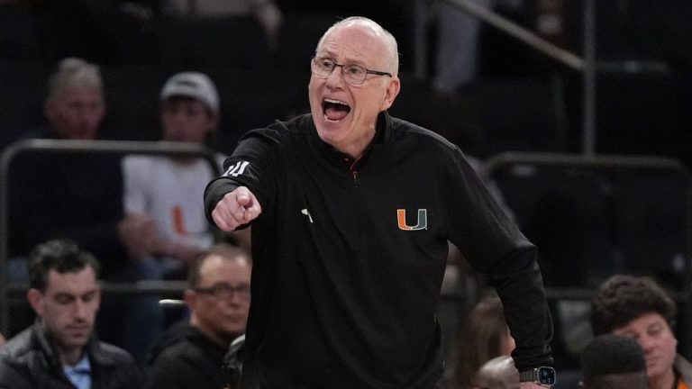 Miami head coach Jim Larranaga yells from the sideline during the first half of an NCAA college basketball game against Tennessee, Tuesday, Dec. 10, 2024, in New York. (Julia Demaree Nikhinson/AP)
