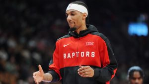 Toronto Raptors' A.J. Lawson is shown prior to NBA basketball action against the Chicago Bulls in Toronto on Monday, December 16, 2024. (Frank Gunn/CP)