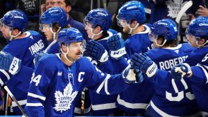 Toronto Maple Leafs' Auston Matthews (34) celebrates his goal against the Nashville Predators during third period NHL hockey action in Toronto on Wednesday, December 4, 2024. (Frank Gunn/CP)