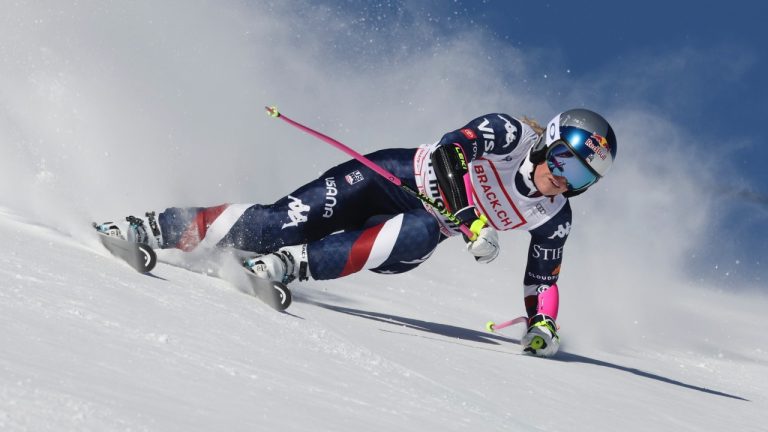 United States' Lindsey Vonn competes in an alpine ski, women's World Cup super G, in St. Moritz, Switzerland, Saturday, Dec. 21, 2024. (AP/Marco Trovati)