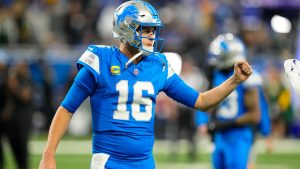 Detroit Lions quarterback Jared Goff (16) gestures before the start an NFL football game against the Green Bay Packers in Detroit, Thursday, Dec. 5, 2024. (Carlos Osorio/AP)